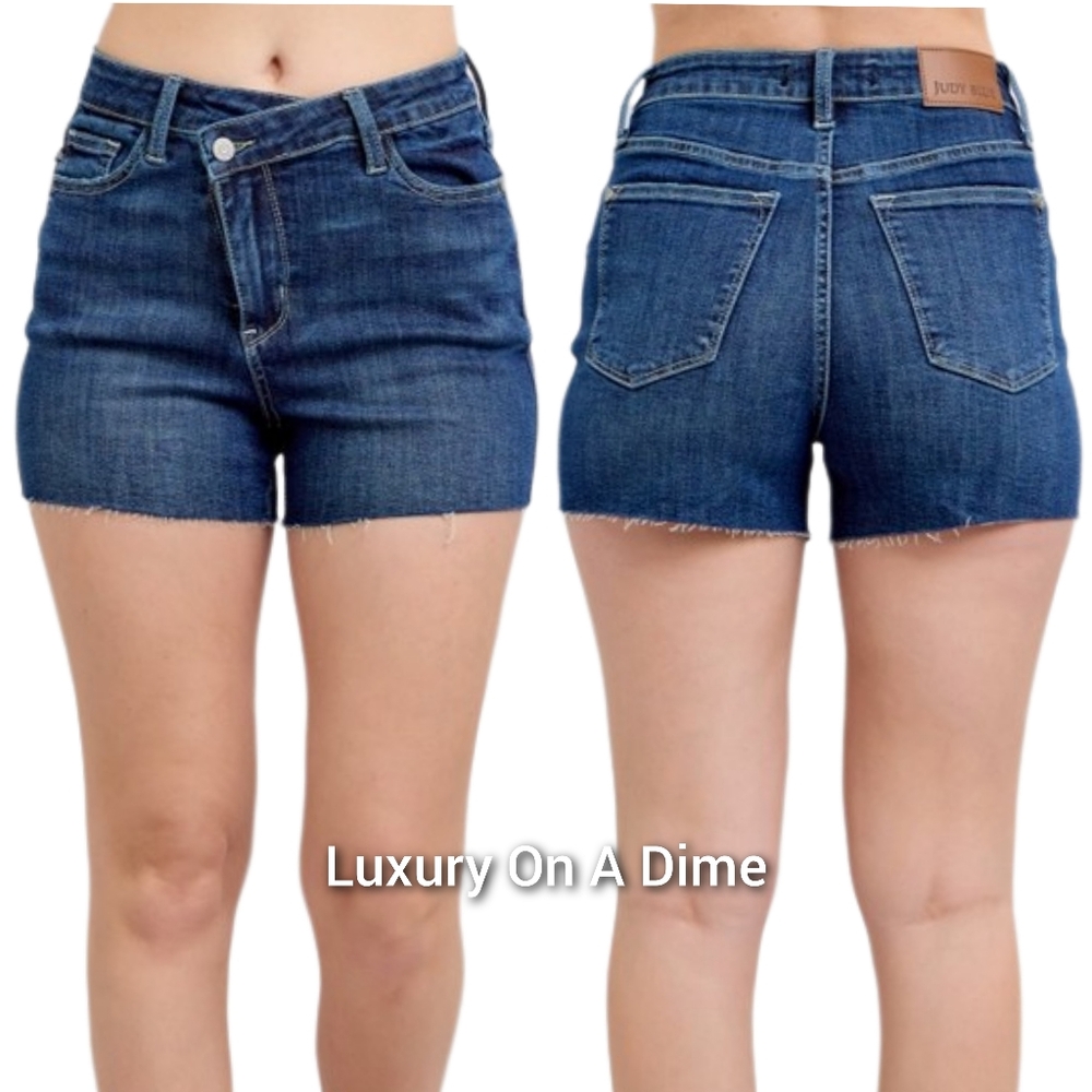 Judy Blue Asymmetrical High-Rise Criss-Cross Waist Denim Cut-off Jean Shorts